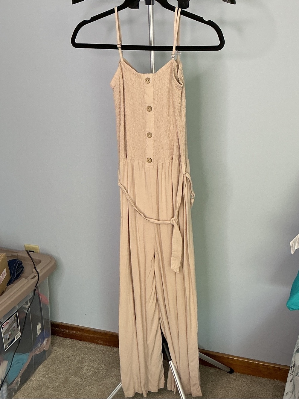 Beige Sleeveless Button-Front Wide-Leg Jumpsuit with Self-Tie Waist